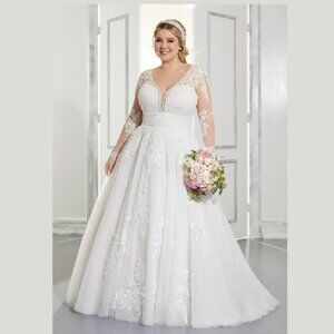 Mori Lee Julietta Ama Lace Tulle Long Sleeve Ball Gown Train Wedding Dress Sz 22